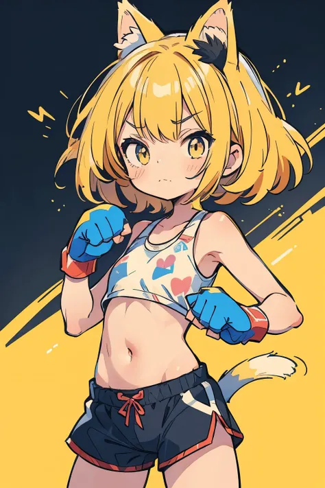 (boxing:1.3)、Young Girl、belly button、Shorts、Serious expression、strong、(Closed Mouth:1.1)、Cat ears、Yellow Hair