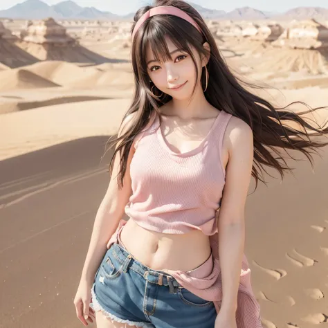 realistic,, japanese female (tight pink tanktop), wearing denim short pants (full bang)), smiling, beautiful natural dark brown, wearing cloak and mask, The ends of the hair are wavy ,((layers hair)), ((in wide desert background)), ((wavy brown japanese ha...