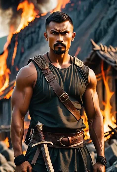 Portrait of a malay Viking warrior, hang jebat, very handsome and strong, strong and muscular, tanned and strong, dark short hair, brave warrior, similar to actor sharnaaz ahmad, standing in front of a burning village, cliffs, close up, attack pose and att...