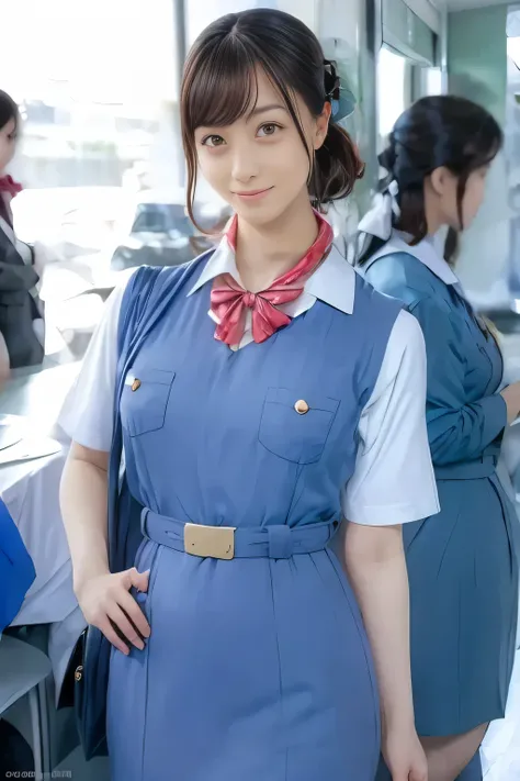 (masterpiece:1.2, Best Quality:1.2), 32K HDR, High resolution, (Alone、1 girl)、(On the roof of a building during the day、Professional Lighting)、Building rooftop background、(Real style wearing Japan air system cabincrew uniform blue)、((Japan Air System cabin...