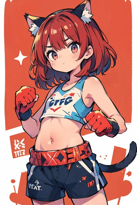 (boxing:1.3)、Young Girl、belly button、Shorts、Serious expression、strong、(Closed Mouth:1.1)、Cat ears、Red Hair