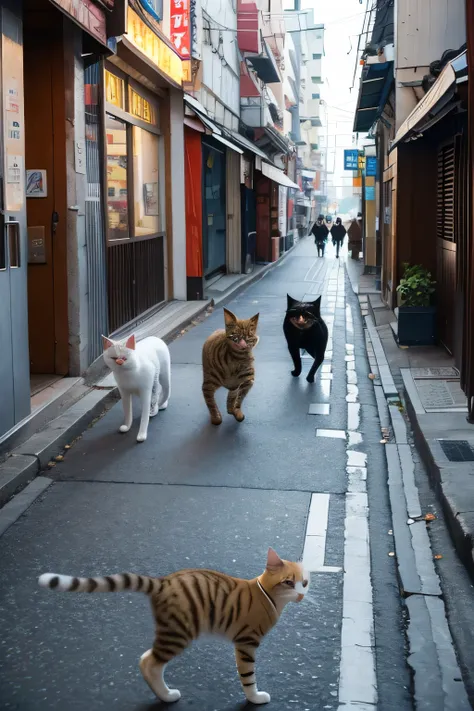 Three cats walking energetically through the streets of Korea