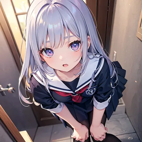 The body is eight times longer than the head, (Highly detailed CG Unity 8k), (Best Quality)，(Very detailed)，(Ultra-high resolution),, A high school girl wearing a navy blue sailor suit, Anime 2D Rendering, Realistic young anime school girl,, purple eyes, S...