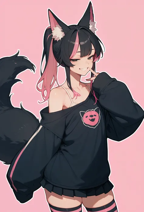 (score_9,score_8_up,score_7_up), (anime), cowboy shot, solo, 1boy, otoko no ko, (black hair), long hair, pink highlights, ponytail, fox ears, black fox tail, pink highlights on the tail, black eyes, half-closed eyes, grin, baggy black hoodie, off-shoulder,...