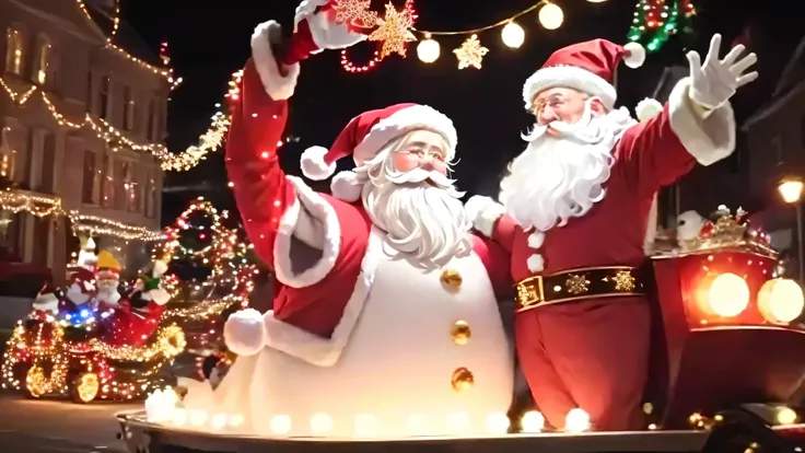 araffes dressed as Santa claus and a snowman in a parade, parade floats, magic parade float, Decorated Height, Carnival floats, Lots of lights, parade setting, parade, lightshow, Celebration, Multiple Lights, Right On, Dazzling Light, Very complicated, Scr...