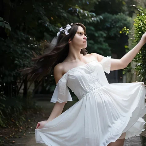 a female ghost with a flowing white dress and long, messy hair