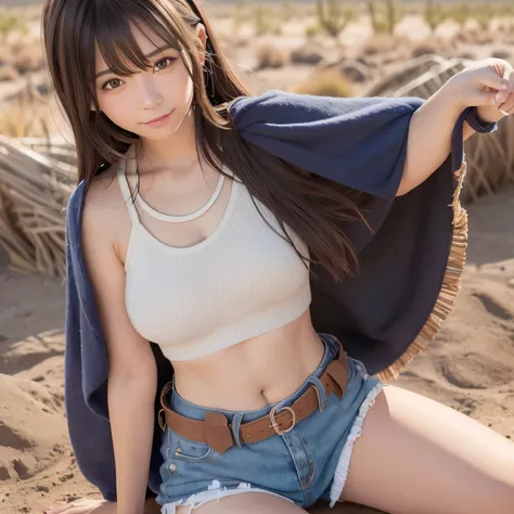 realistic,, japanese female (tight tanktop) blue short pants (full bang)),, smiling, beautiful natural dark brown, wearing cloak and mask, The ends of the hair are wavy ,((layers hair)), ((in wide desert background)), ((wavy brown japanese hair)),, (hair b...