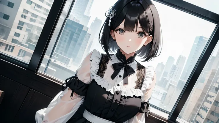 A beautiful woman wearing a black and white blouse and skirt with lots of frills and lace　Black short bob hair with hair ornament　Upper Body