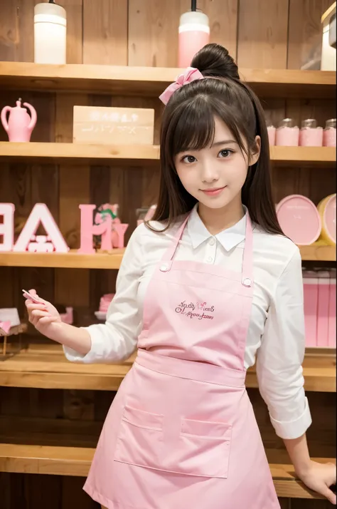 A girl (Twenty years old, Japanese pretty face) are wearing pink apron, mini skirt at the batty cakes shop