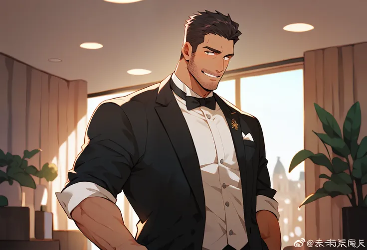 Japanese, Washington Hotel, hotel employee, male, muscular, room service, tuxedo