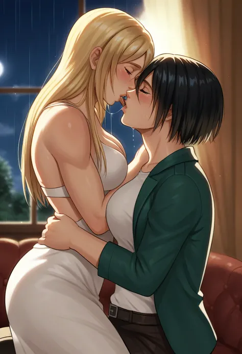 score_9, score_8_up, score_7_up, BREAK source_anime, historia reiss, blue eyes, blonde hair, long hair, medium breasts, long white dress sleeveless,female black hair soldier hugs historia,Mikasa with historia hugs,mikasa wreanig open green jacket black spo...