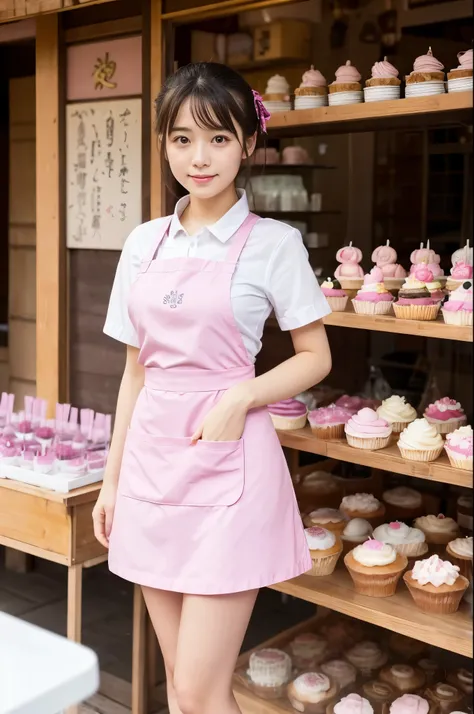 A girl (Twenty years old, Japanese pretty face) are wearing pink apron, mini skirt at the ghost cakes shop