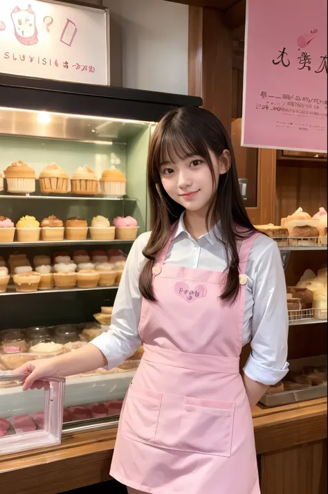 A girl (Twenty years old, Japanese pretty face) are wearing pink apron, mini skirt at the ghost cakes shop