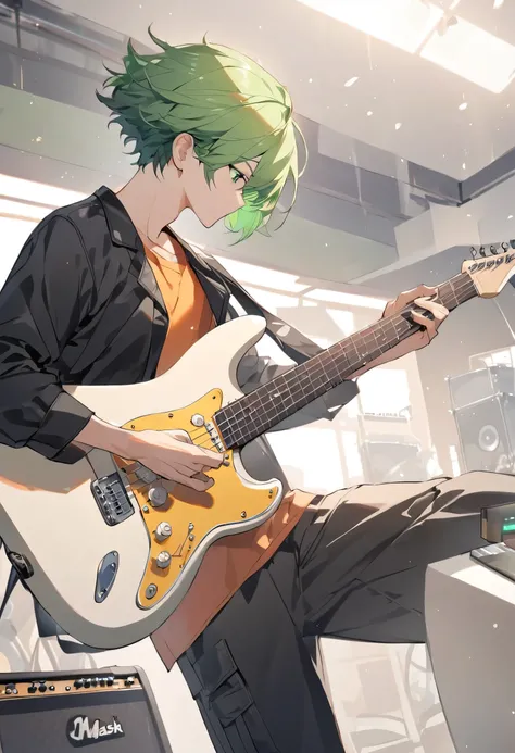 (Best Quality), ((One Boy)), Alone, , (((Bright green hair))), (Green Eyes), ((Hair parted on the left)), , (Mash Hair), Playing guitar,
Plain clothing,Long sleeve orange T-shirt, Black jacket,Black long cargo pants,
Music Studio,Guitar Amplifiers,speaker...