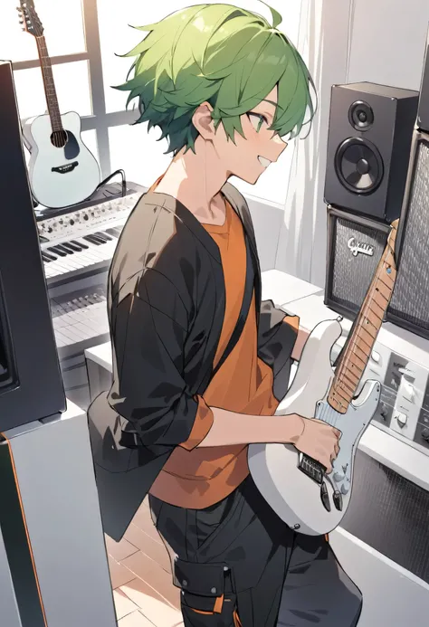 (Best Quality), ((One Boy)), Alone, , (((Bright green hair))), (Green Eyes), ((Hair parted on the left)), , (Mash Hair), Playing guitar,Smiling Plain Clothes,Long sleeve orange T-shirt, Black jacket,Black long cargo pants,
Music Studio,Guitar Amplifiers,s...
