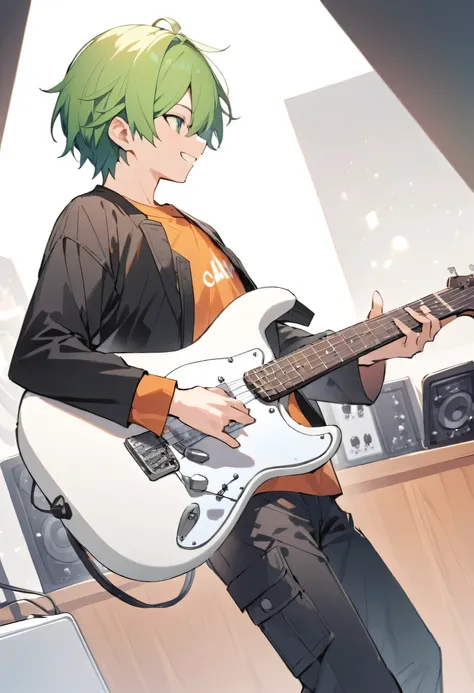 (Best Quality), ((One Boy)), Alone, , (((Bright green hair))), (Green Eyes), ((Hair parted on the left)), , (Mash Hair), Playing guitar,Smiling Plain Clothes,Long sleeve orange T-shirt, Black jacket,Black long cargo pants,
Music Studio,Guitar Amplifiers,s...