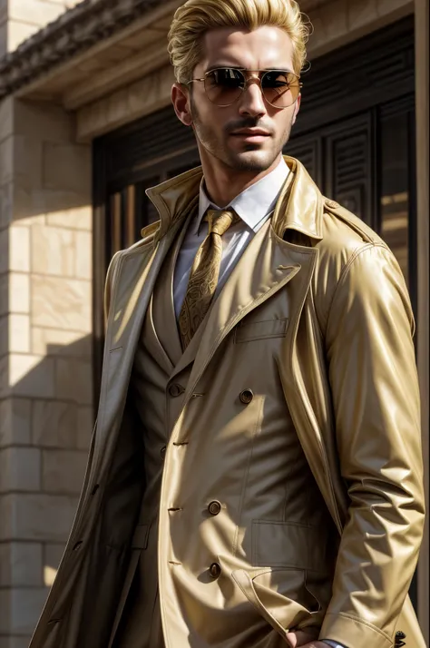 masterpiece, best quality, extremely detailed, hyperrealistic, photorealistic, a cool 30s arabic man, pale skin, ultra detailed face:1.1, yellow trench coat, suits, swept back hair, blonde hair, sunglasses, sly smile:1.2
