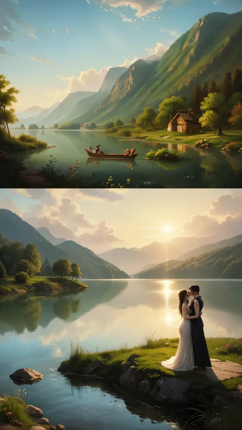 Singing by the Lake, In the landscape painting, the heaven and earth are thick and cold., It is difficult to leave each other when they meet each other, and it is difficult to leave each other.