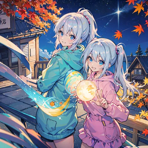 kawaii, anime, Cute, hyper quality, highly detailed, 8k, Clarity, Draw facial expressions in detail, light blue eyes, silver hair, trees with autumn leaves, highlight on eyes, convey the whole, ponytail, wear a hoodie, smile, Autumn leaves are dancing, inf...