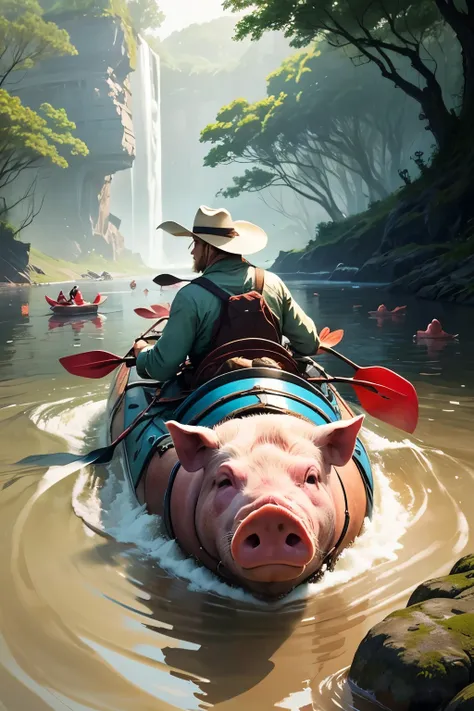 lot of pigs in the river and large red beets groving on tree and man in the blue kayak on the river ,with lot of pigs and frogs on riverbank, , second pig in cowboy hat, delicate details, foggy nature-inspired elements, bautyful paddles, lots of details, f...