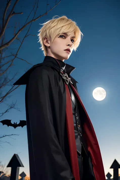 solo,1boy,bishounen,male focus,Vampire,short hair,red eyes,blonde hair,emo boy,big eyes,skinny,outdoors, sky, cape, cross, full moon, halloween, bat (animal), bare tree, castle, tombstone, graveyard, vampire costume, grave,