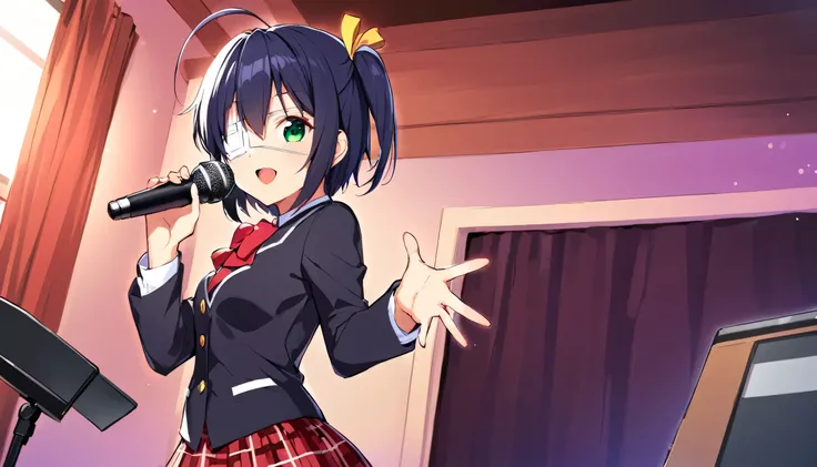 score_9, score_8_up, score_7_up, score_6_up, 1girl, rikka takanashi, short hair, green eyes, black hair, ahoge, one side up, eyepatch, medical eyepatch,, sing, singing, open mouth, mic, half bodies, smile, positive vibes, ((looking at viewers, cowboy shot)...