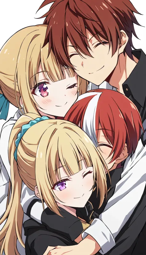 score_9, score_8_up, score_7_up, score_6_up, KeiKaruizawa, Kei Karuizawa, bangs, blunt bangs, ponytail hair, violet eyes, blonde hair, blue scrunchie, 1girl, 1boy, red hair, hug, smile, jacket, closed eyes, black jacket, shirt, white shirt, blush, gloves, ...