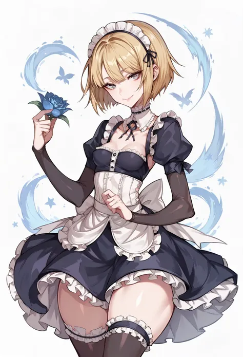 score_9, score_8_up, score_8, 1 adult woman, petite, rating_safe, small breasts, perky breasts, blonde hair, bob cut, black irises, thick thighs, looking at viewer, shiny skin, half Russian, half Japanese, smile, Gothic Maid