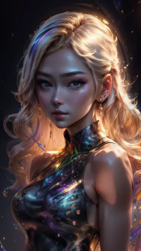 Beautiful blonde woman、The wax dress melts and drips onto your body。(Representative works:1.2)、(Highest quality)、4K、Ultra-detailed、(Dynamic Composition:1.4)、Extremely detailed、colorful、(Rainbow:1.2)、(Bright lighting、Atmosphere lighting)、Dreamy、magic、(Singl...