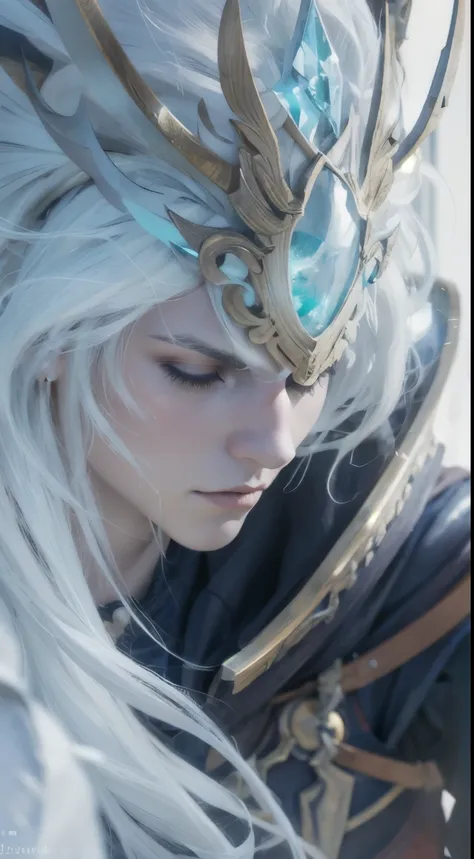 male, fantasy, warrior, armor, white wings, white hair, halo, halo, blindfold, hood, very handsome, pointy ears, depth of field,...