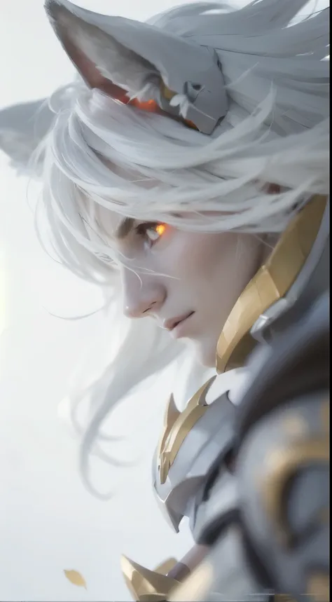 male, fantasy, warrior, armor, white wings, white hair, halo, halo, blindfold, hood, very handsome, pointy ears, depth of field,...