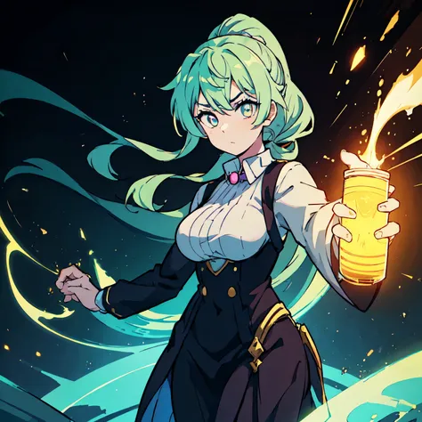 A single young anime girl with light mint green hair styled in a ponytail, wearing an elegant mixologist smoking, full covering uniform, standing in a confident full-figure pose, presenting a little yellow bottle to a client, dark purple eyes, calm and pro...