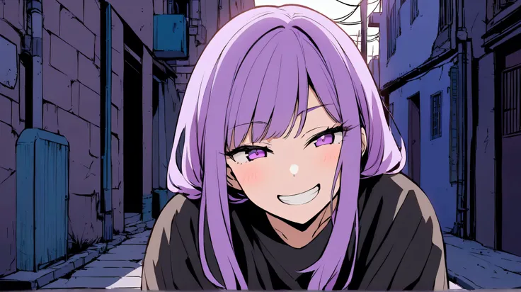 Purple Hair、Create an anime-style illustration of a girl with purple eyes, She&#39;s wearing an oversized black sweatshirt, She is winking, Grin. The background is a back alley,