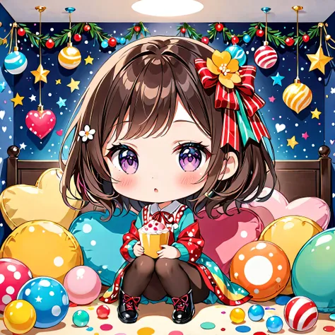 Ultra-realistic 奈良美智 colorful style, Simple lines acronym abstract art，(((The most beautiful woman of all time))), (((Chibi))), Colorful hearts, stylish design, Dark Eyes, (((Holiday Room))), (((Cute Protozoan)))