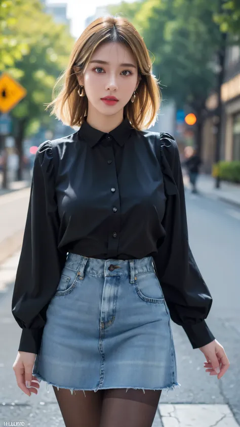 1 girl, beautiful detailed eyes, beautiful detailed lips, extremely detailed eyes and face, long eyelashes, short blonde hair, earrings, jewelry, denim dress, black pantyhose, black shirt, denim skirt, striped long sleeve, blue skirt, medium breasts, walki...