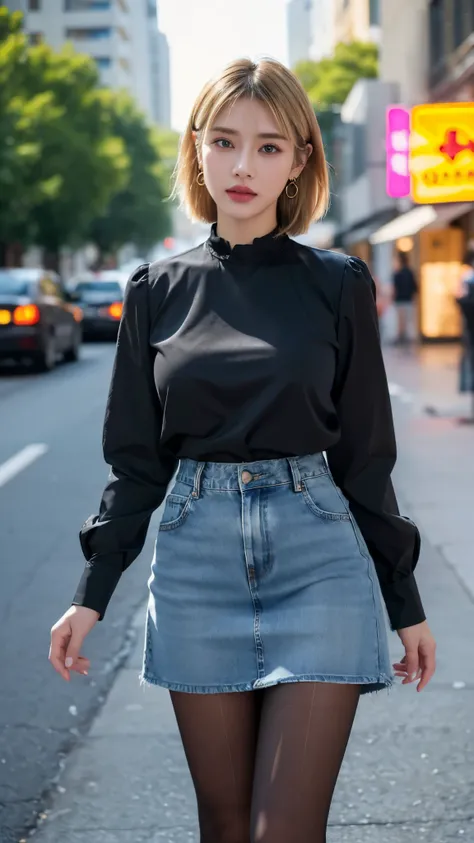 1 girl, beautiful detailed eyes, beautiful detailed lips, extremely detailed eyes and face, long eyelashes, short blonde hair, earrings, jewelry, denim dress, black pantyhose, black shirt, denim skirt, striped long sleeve, blue skirt, medium breasts, walki...