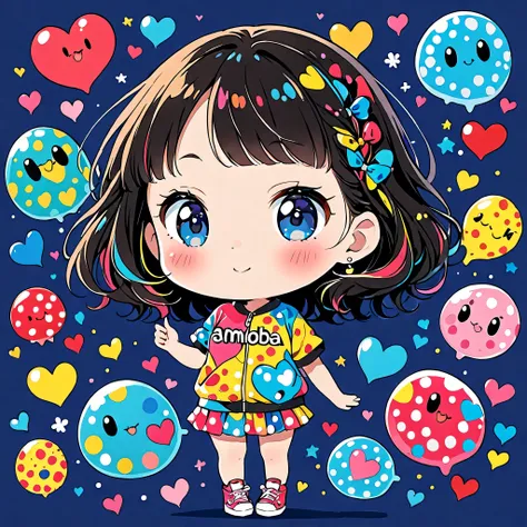 Ultra-realism Yayoi Kusama colorful style, Simple Line Initialism，Abstract art，(((The most beautiful girl of all time))), chibi, colorful hearts, kawaii design, sports fashion, (((キノコ狩り with friends))), (((Cute amoeba)))