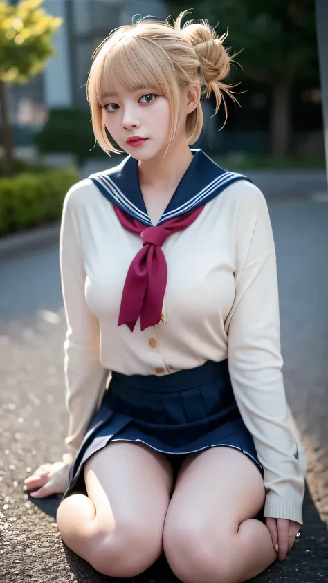 （Blonde、Himiko toga、White uniform shirt、Navy blue uniform skirt、Cardigan、Red scarf、Dark eyeshadow、Pants、Twin tails、Bunbashira、Thin eyebrows、Black socks、Black Loafers））、nsfw、masterpiece、最High image quality、High image quality、grow up、Beautiful poop、High reso...