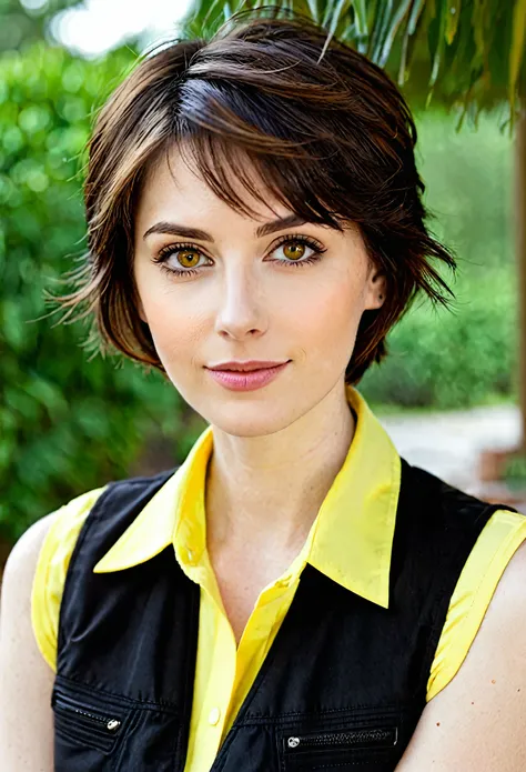 Woman - 3 - short brown hair - brown eyes - pale skin - wearing a yellow shirt and a black vest 