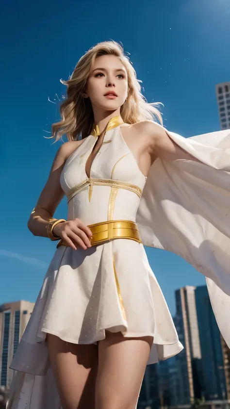 Starlight cara de la actriz Erin Moriarty de The Boys sobrevolando la ciudad, semidesnuda, small and spectacular sexy iconic white costume with cape, logo de estrella dorada en el traje, very sexy small clothes, ornate golden wristbands, botas blancas con ...