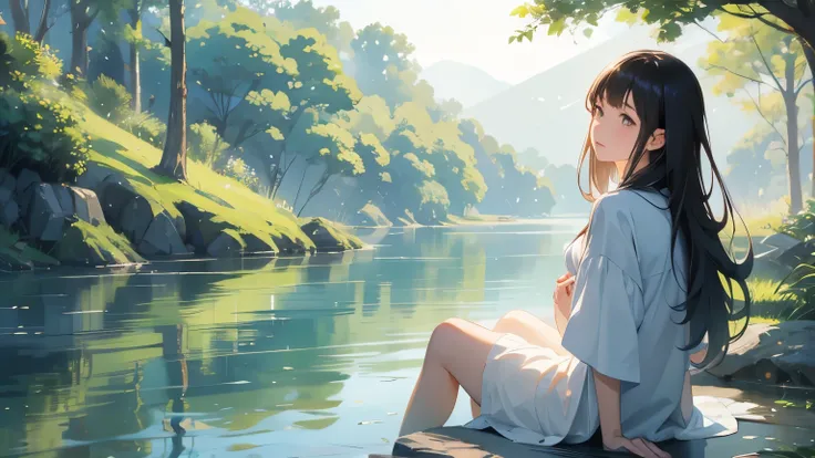 A girl sits quietly by the riverside, wearing headphones and listening to music while enjoying the calming sound of flowing water. The scene captures a sense of tranquility and serenity, with gentle ripples reflecting the soft light. Studio Ghibli-style ar...