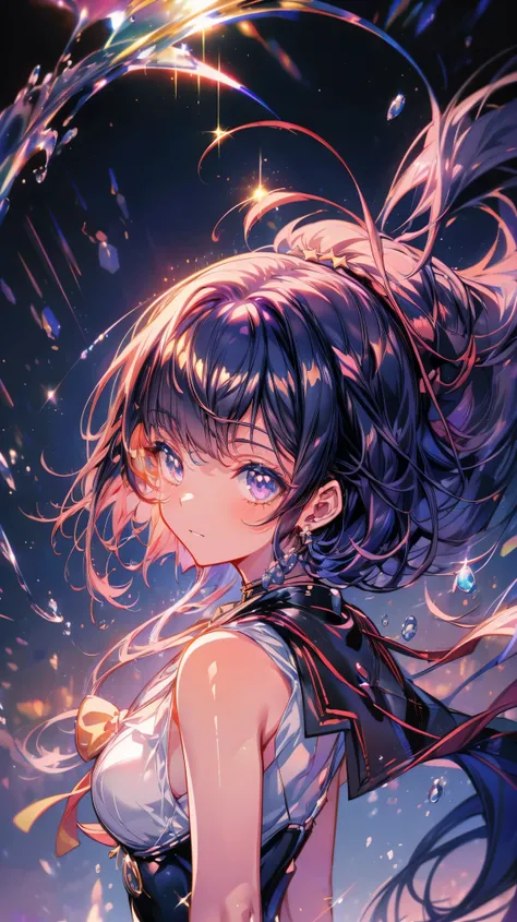 (masterpiece), 4K, The world of Kingdom Hearts, Detailed Description, Shine like a star, Mumei Kabaneri, A cold expression floating in the night sky, Watching over us, Shining Star々, Bringing Happiness, High school girl, Wearing a sailor uniform, Shiny Hai...