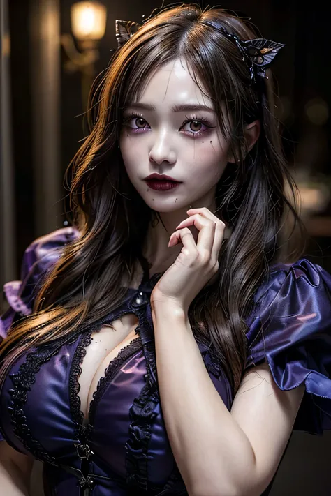 (Halloween cosplay), (Halloween makeup), (Photogenic quality, Fidelity:1.9, Ultra-high-precision CG integrated 8K wallpaper), highest quality, A high resolution, RAW Photos, (Real  skin texture:1.3), (Immersive atmosphere:0.8, Chiaroscuro:1.2), Textured sk...