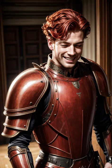 masterpiece, best quality, extremely detailed, hyperrealistic, photorealistic, a beautiful 40s british man, ultra detailed face:1.1, red mechanical armour:1.1, red hair:1.1, curly hair, laughing, open mouth, eye closed, standing
