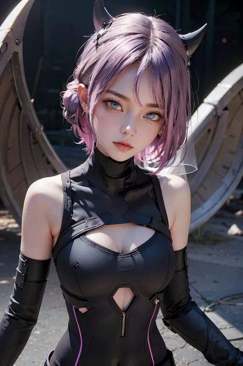 1girl, solo, towa_2, green eyes, multicolored hair, purple hair, pink hair, medium hair, single hair bun, tail, demon tail, piercing, X hair ornament, streaked hair, horns, leg tattoo, pointy ears,
BREAK (armor, bodysuit, pauldrons, purple bodysuit, should...