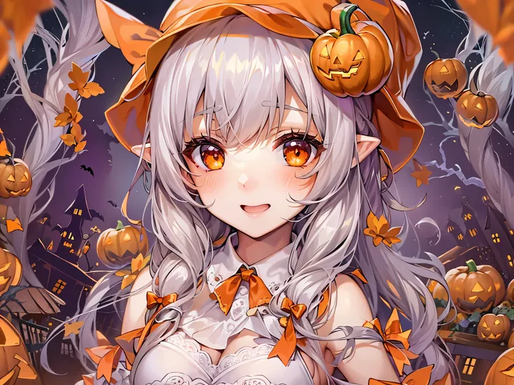 ((Best Quality)),(Ultra-high resolution),(Super detailed),(Detailed Description),((The best CG)),(masterpiece),Highly detailed art,(Art with precise detail:1.5), ((Halloween themed characters:1.5)), (Trickster:1.5),Petite Girls:1.3, White skin, Bright oran...