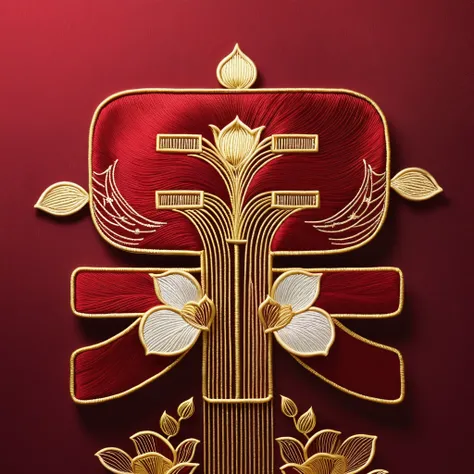 lotus，Summer Solstice Theme，Chinese embroidery craft，Gold plating，Flowing Gold，Minimum Color Gamut，Hand-drawn，Blank，Organic form，Simple red background，atmosphere，Gorgeous and noble，