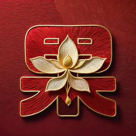 lotus，Summer Solstice Theme，Chinese embroidery craft，Gold plating，Flowing Gold，Minimum Color Gamut，Hand-drawn，Blank，Organic form，Simple red background，atmosphere，Gorgeous and noble，