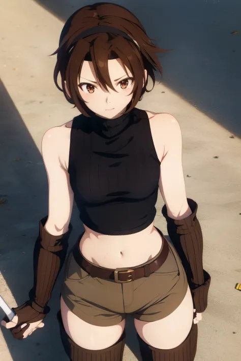 (masterpiece, 8k,Very detailed),One Girl, short hair, Headband, navel, Sleeveless, turtleneck, Brown eyes, Sleevelessのturtleneck, chest, gloves, Crop top, Brown Hair , Shorts, abdomen, armor, sweater, Open Fly, Fingerless gloves, ribbed sweater, medium che...