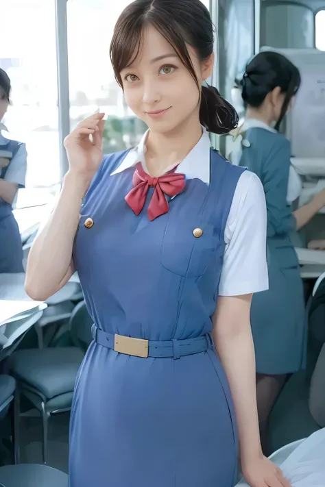 (masterpiece:1.2, Best Quality:1.2), 32K HDR, High resolution, (Alone、1 girl)、(On the roof of a building during the day、Professional Lighting)、Building rooftop background、(Real style wearing Japan air system cabincrew uniform blue)、((Japan Air System cabin...